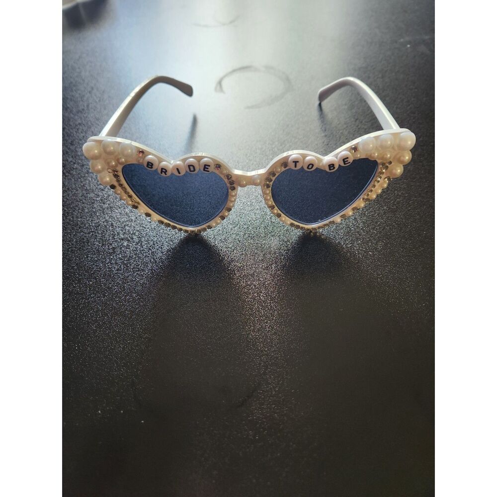 Bride to Be Heart Sunglasses Pearl Rhinestone White Bridal Bachelorette Glasses - Picture 2 of 2